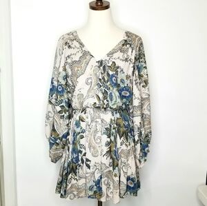 Free People XS High Plains Paisley Floral Balloon Sleeve Boho Short Mini Dress